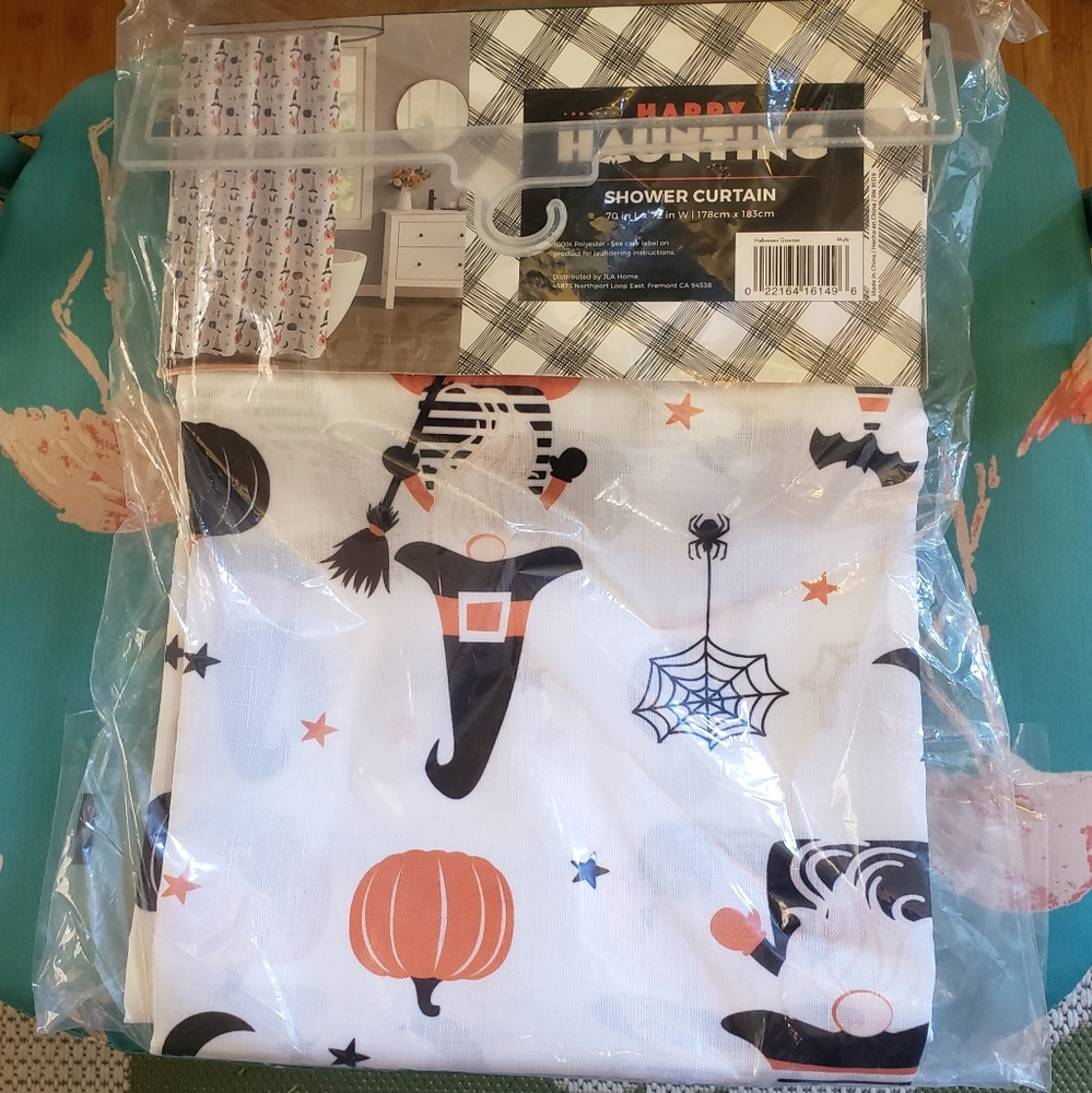 🎃 Halloween Gnome Shower Curtain Witch Pumpkin Star Moon Bat Web Fall Autumn